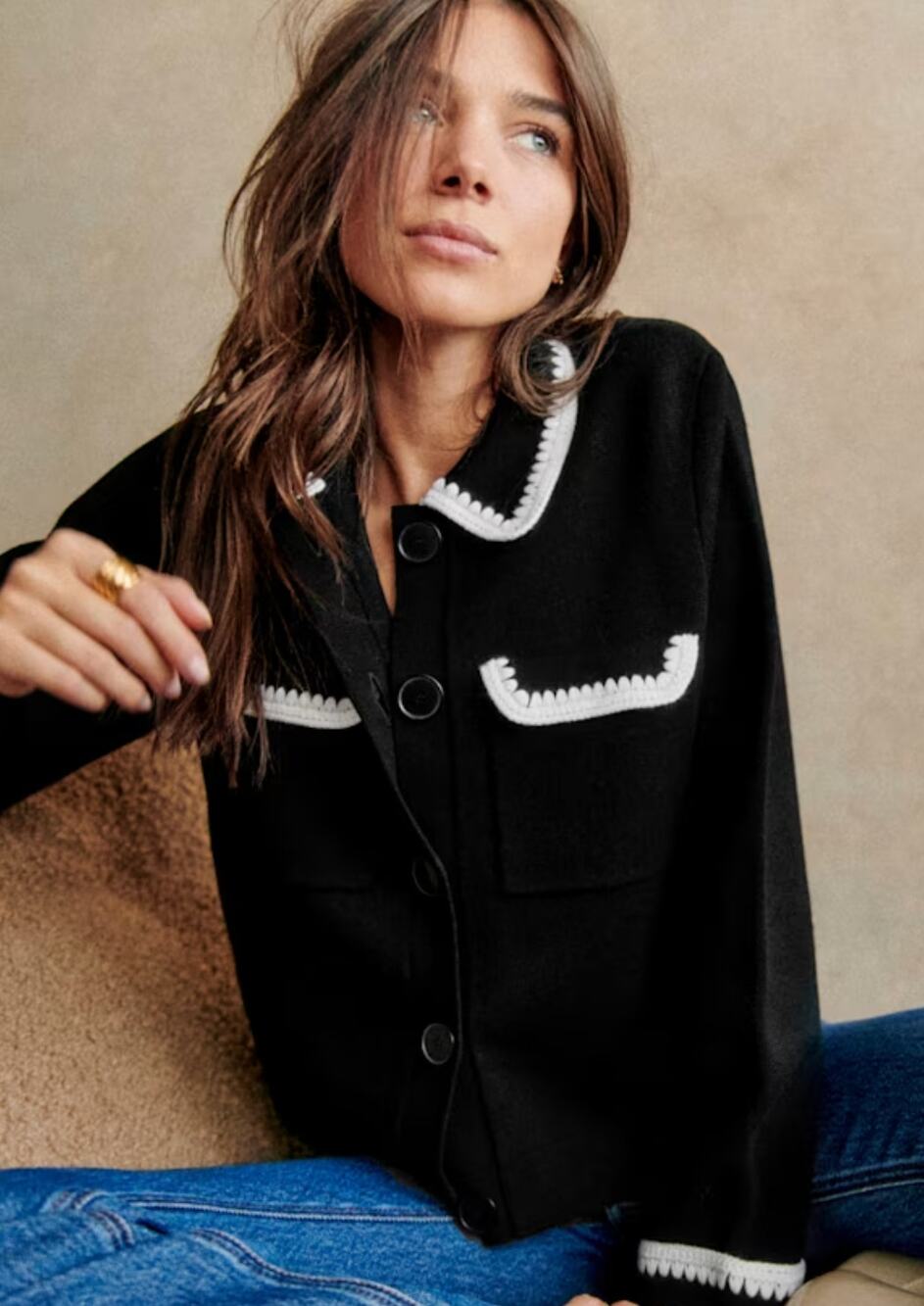 Sezane Betty Black White Crochet Wool Knitted Cardigan Sweater Size XS